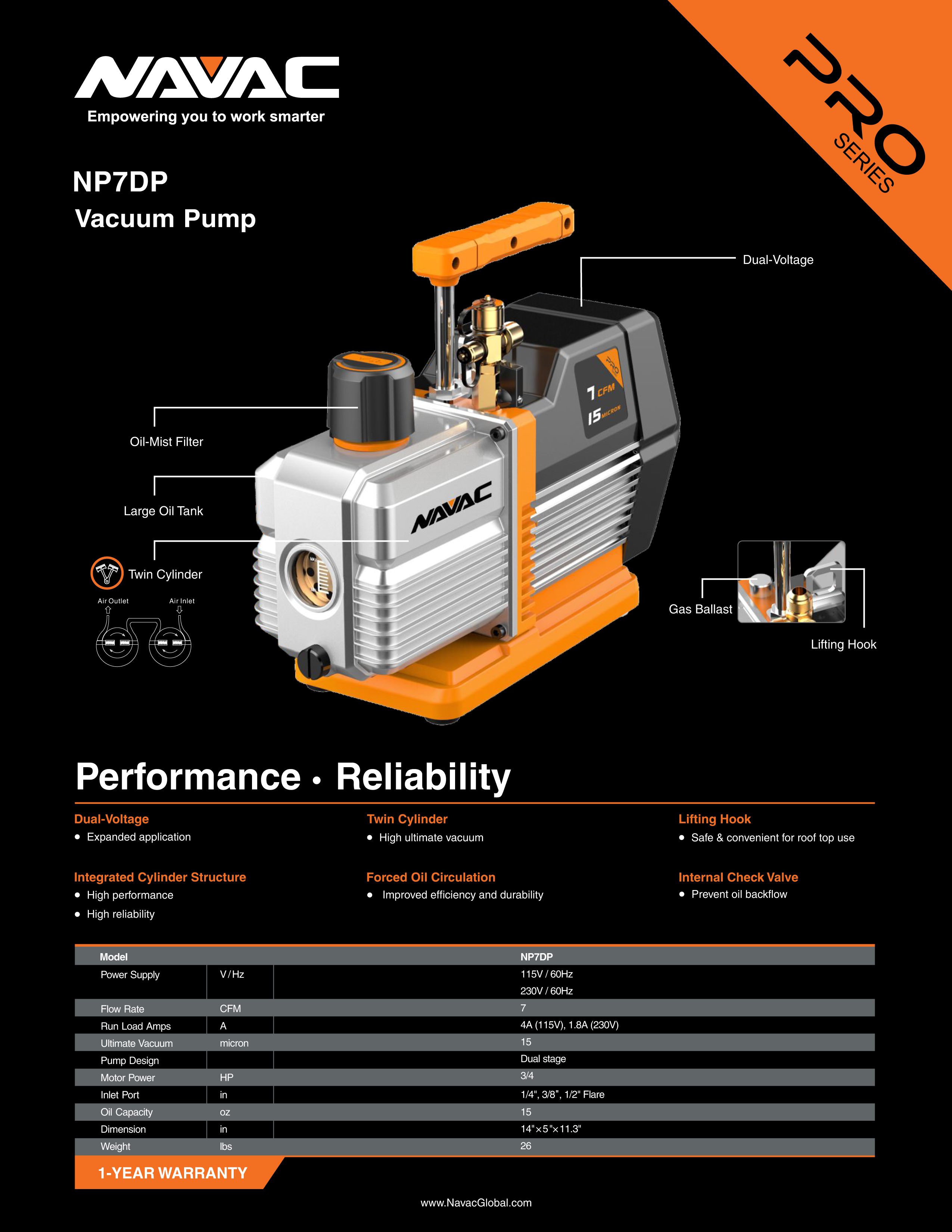 A2L Compatible Vacuum Pump Navac 7 Cfm, 2 Stage, 15 Microns